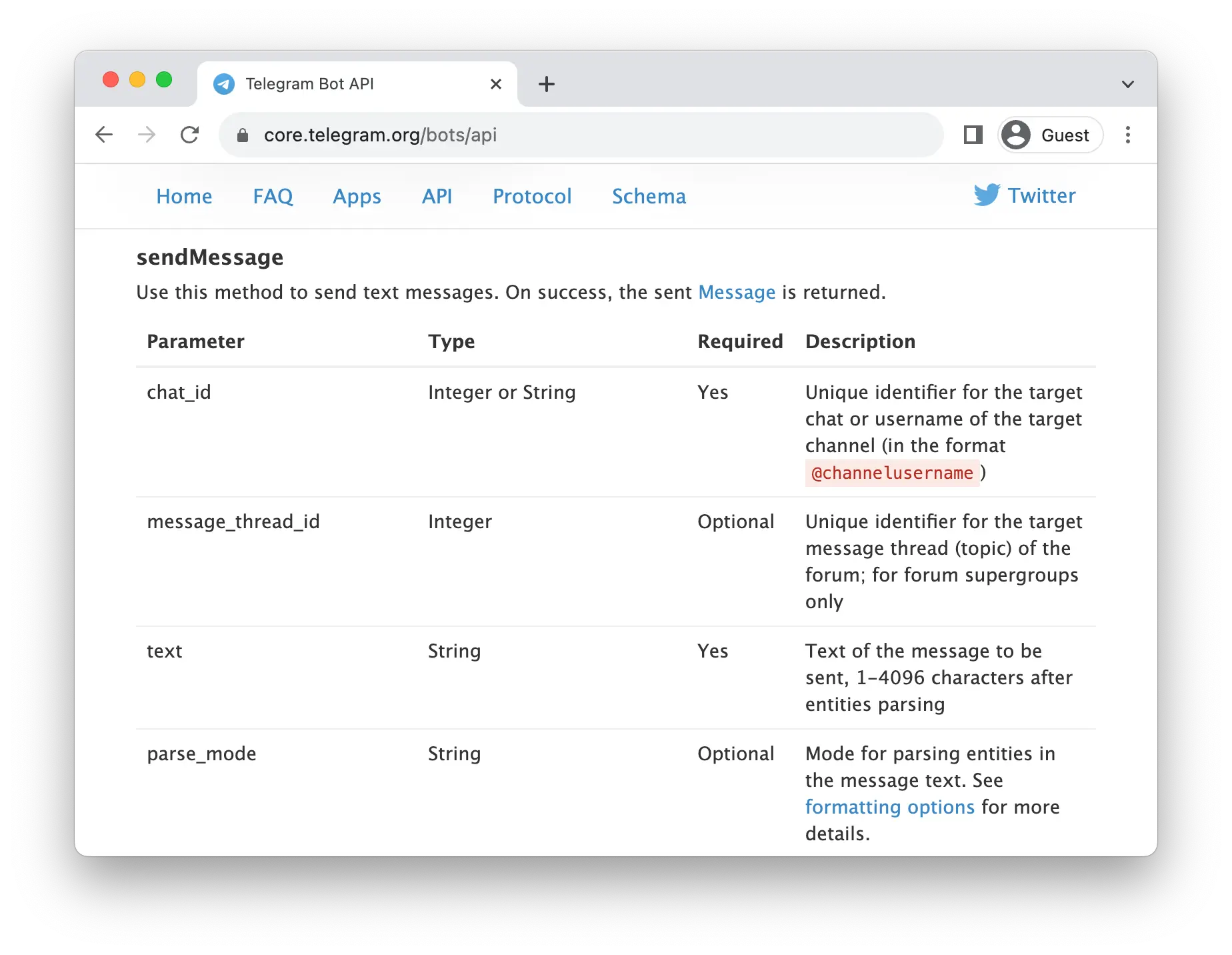 Telegram Bot API webpage